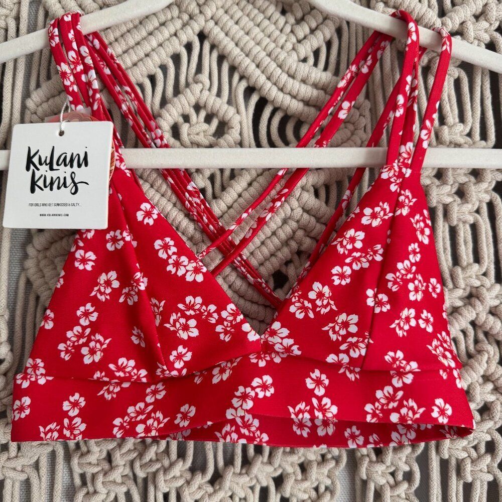 Kulani Kini Red Hibiscus Crossback Bikini Top – Size XS – NWT – Tropical & Fun